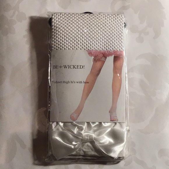 Be Wicked: White Fishnet Thigh Highs with Bow​ - Picture 1 of 1